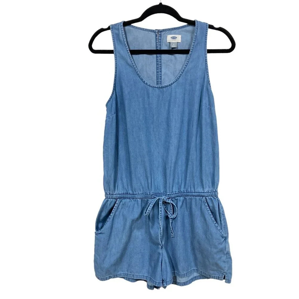 Old Navy Chambray Blue Denim Romper, Size Medium, Drawstring Waist, Sleeveless
